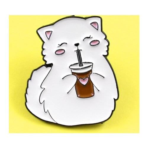 Cartoon Cute White Fat Cat Happily Drinking Lemon Tea With Love Fashion Creative Exquisite Enamel Brooch Personality Wild Badge