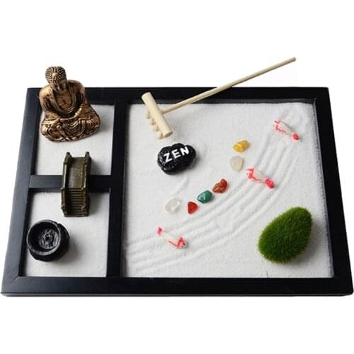 Mini Zen Garden Sand Tray Set 3 Grids Buddha Statues Zen Garden Set Sand Bridge Tree Sandy Beach Micro Landscape Crafts