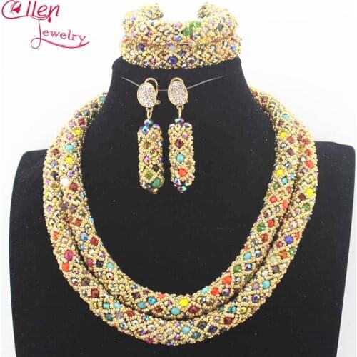 Newest Colorful Crystal Nigerian Wedding Bridal African Beads Jewelry Set Handmade Bridal Necklace Sets Bracelet Earrings N0032