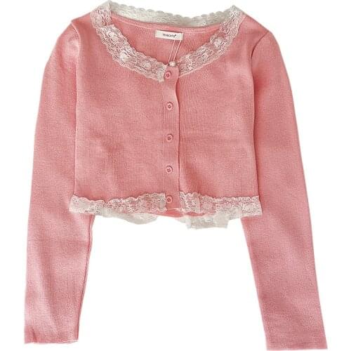 Lace stitching design Korean o neck buttoned slim-fit short section long-sleeved knitted cardigan