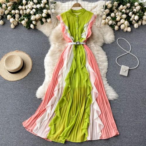 Summer Women Patchwork Chiffon Long Dress Vintage Round Neck Single Breasted Green/Purple Ruffle Draped Vestidos Female 2021 New