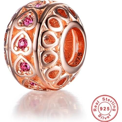 GW 925 Sterling Silver Bead Charms Rose Gold Color Love Hrarts Fit Original Bracelet Necklace Diy Jewelry Making Wholesale E044