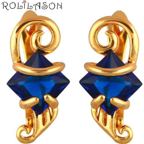 ROLILASON Wedding Earrings for Women Stylish Square Gold Tone Blue Zircon Clip Earrings Fashion Jewelry JES1081