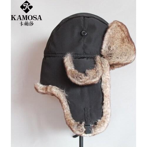 B-8484 Bomber Hat Rex Rabbit Fur Trapper Hats Russia Ushanka Bomber Hat Mens Fur Earflap Caps Waterproof Cap