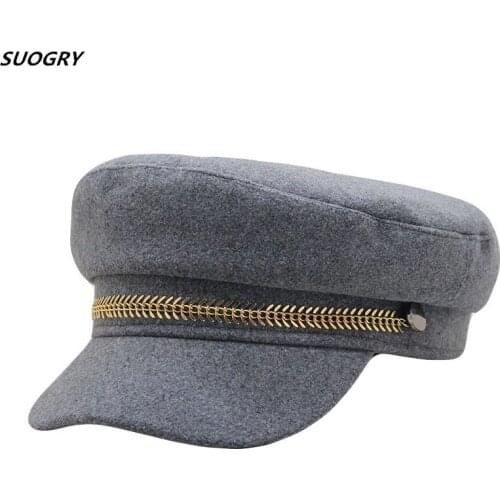 Wool omen Metal Chain Military Beret Hats Sailor Caps Flat Casquette Militaire Stylish Decoration Captain Cotton Naval Cap