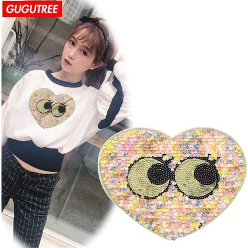 GUGUTREE embroidery paillette big love heart patches eye patches badges patches for jackets