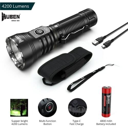 WUBEN LED Flashlight 4200 Lumens CREE XHP70 LED A21 Ultra-bright Rechargeable 21700 Li-ion Battery Waterproof IPX8 for Outdoors