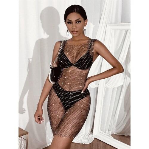 Women Sexy See-through Beach Cover Up Black Round Collar Sleeveless One-piece for Summer Holiday XS/ S/ M/ L
