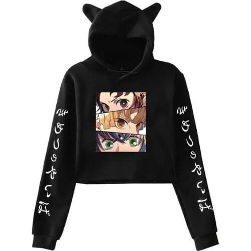 Demon Slayer Anime Hoodie Cat Cropped Hooded Sweatshirt Pullover Casual Long Sleeve Female Crop Top
