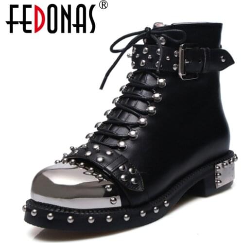 FEDONAS Punk Genuine Leather Boots Women Rivets Square Heels Autumn Winter Ankle Boots Sexy Shoes Woman Motorcycle Snow Boots