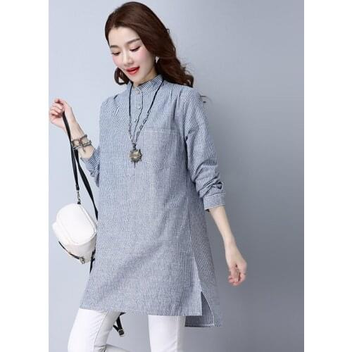 Cotton Linen Striped Women Shirts 2020 Summer Vintage Long-Sleeved Long Slim Office Lady Elegant Shirts Outwear Tops