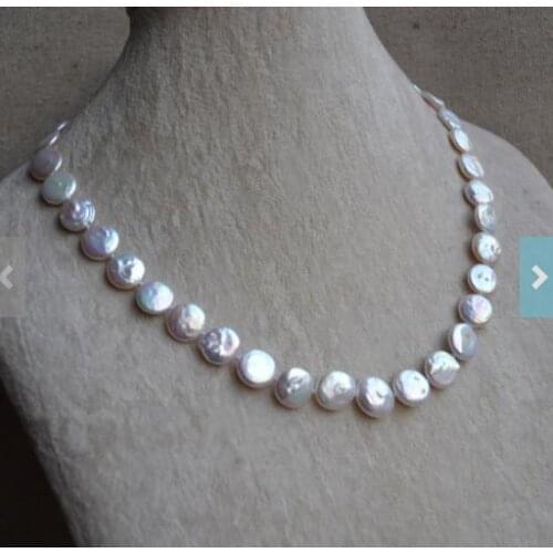 Unique Pearls jewellery Store 12mm White Coin Genuine Freshwater Pearl Necklace Charming Women Gift Fine Jewelry