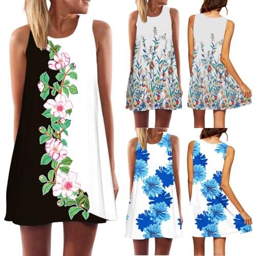 Women Vintage Mini Dress Boho Summer Short Hem Sleeveless Tank O-neck Dress Beach Flower Printing Casual Beach Mini Dresses Robe