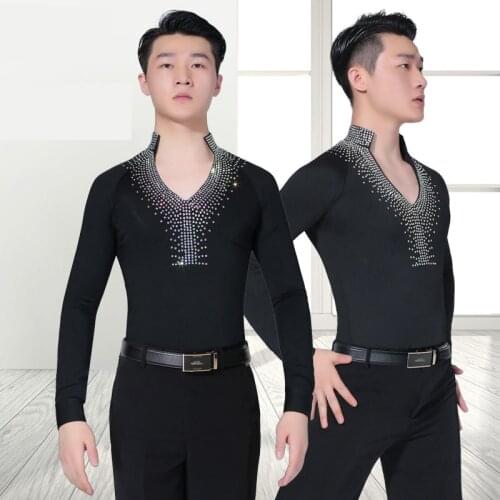 2020 New Adult Mens Latin Dance Tops Stand Collar Hot Drill Tops Professional Ballroom Tango Competition Dancing Shirt DL5902