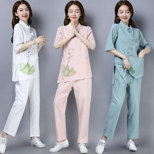 2020 new women meditation tai chi uniforms linen printed loose sweatshirt+pant casual jogger kungfu yoga exercise set activewear
