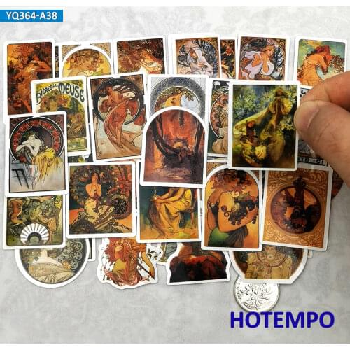 38pcs Illustration Art Mucha Style Fairy Oil Painting Diary Stickers for Stationery Scrapbook Mobile Phone Laptop Decal Stickers