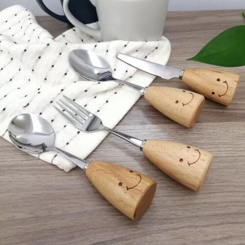 4pcs/Set Cute Smiling Face Tableware Set With Beech Wood Handle Stainless Steel Knife And Fork Gifts For Children