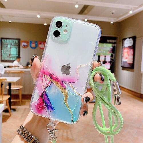Watercolor Painting Lanyard Case for IPhone 11 12 Pro Max 8 7 Plus 11 XR X XS Max 12 Mini Transparent Phone Cover Coque Fundas