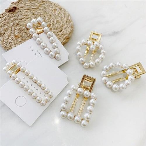 Women Girls Elegant Full Pearls Geometric Hair Clips Sweet Hair Ornament Hairpin Barrette Headband Hair Accessories