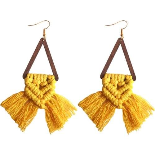BOHO Geometric Wood Woven Long Tassel Fan Fringe Dangle Drop Earrings for Women