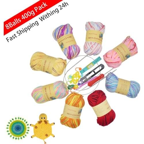 ThinkThings Cotton Yarn For Knitting 8Balls with 22Pcs Tools Threads Rainbow Color Hand Knitting Yarn Milk Cotton Knit Yarn