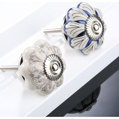 Ceramic Knob Pumpkin shape Pull Flower Handle 40mm*25mm Europe Porcelain Vintage White/Blue Cabinet Drawer decor hardware screws