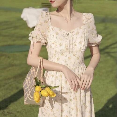 Korean Style Sundresses for Women Summer 2021 Casual Bandage Midi Elegant Floral Dress Females Cottagecore Short Sleeve Design