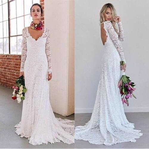Full Lace Wedding Dresses Sheath Design Long Sleeve Sexy Backless Long Sleeve Bridal Dress Beach Gowns Robe De Mariee