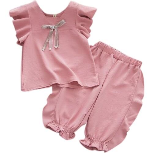 Summer Children Baby Girls Casual Fly Sleeve Bow Tops T-shirt+Short Pants Suits Costume Set