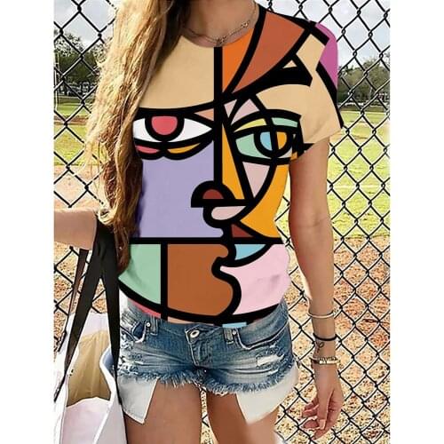 Summer Womens Abstract Painting Pattern Printing 3D Digital Printing T-shirt Tees Casual Round Neck Y2K Streewear