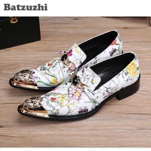 Batzuzhi Italian Style Handmade Genuine Leather Shoes Men Pointed Metal Toe White Flower Print Leather Business/Party Shoes Men