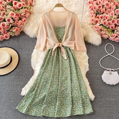 Vacation Clothing 2021 Summer Fashion Suit Strap Floral Dress Sleeveless With Chiffon Shirt Shawl Cardigan Two Piece Set zh1482