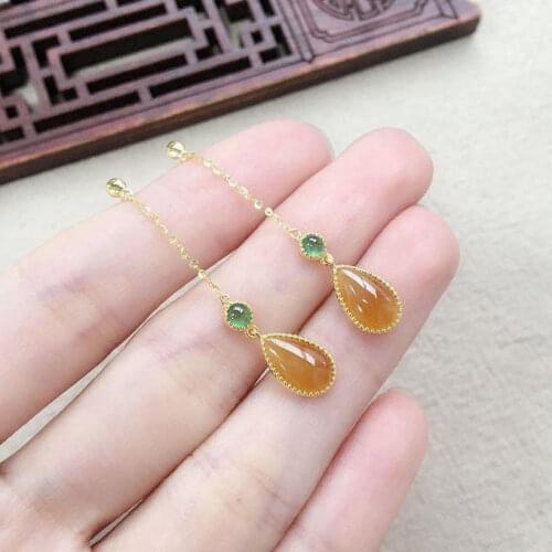 Original new silver inlaid natural yellow chalcedony drop earrings with delicate and elegant temperament ladies jewelry