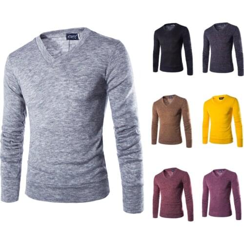 Autumn Men Knit Sweater V-Neck Solid Color Slim Fit Pullover Casual Spring Thin Sweater Long Sleeve Red Black Yellow Grey