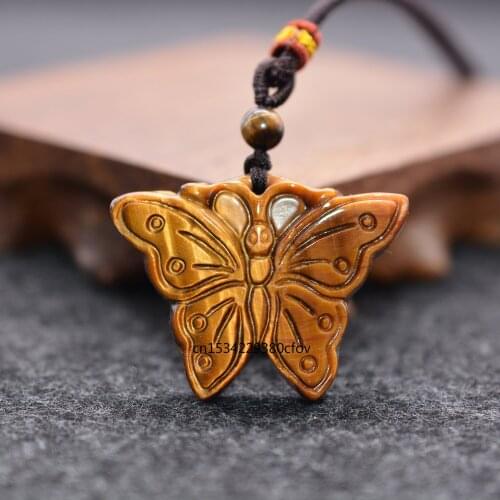 Natural Tiger Eye Stone Jade Tiger Head Butterfly Pendant Necklace Fashion Jewelry Carved Amulet Luck Gifts Women Men