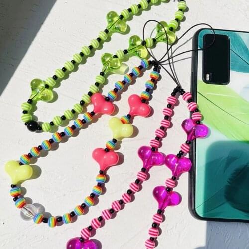 Summer Colorful Acrylic Bead Heart Cellphone Chain Phone Strap Rainbow Beaded Anti-lost Lanyard Wrist Rope Phone Accessories