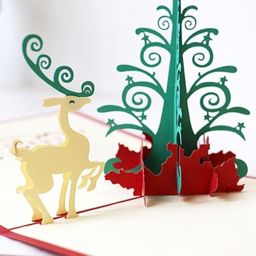 Christmas Card Pop up 3D Festival Card Deer Pop-Up Greeting Cards Postcards Gift with Envelope For Girl Kids Wife Husband Friend