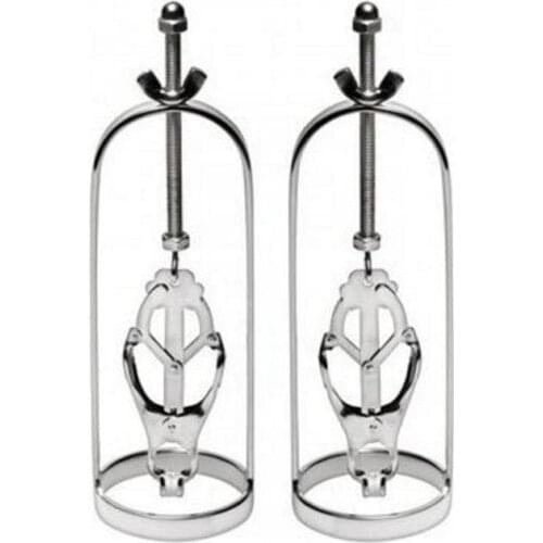 Steel Bondage Nipple Stretcher Cage with Clover Clamps,Strict breast torture bondage restraints,BDSM sex slave,sexy shop