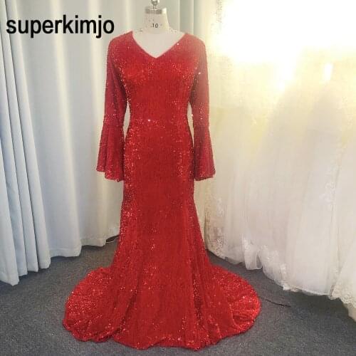 Sparkly prom dresses 2020 v neck long sleeve mermaid shinning sequins red evening dresses