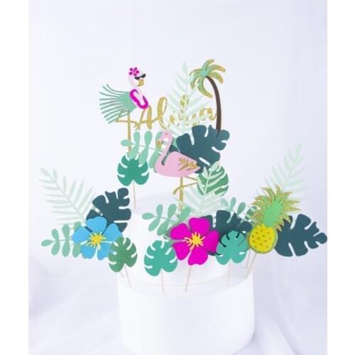 Tropical Leaves Cupcake Toppers Flamingo Cake Topper Happy Birthday Dessert Cake Decoration Hawaiian Luau Party Wedding Supplies
