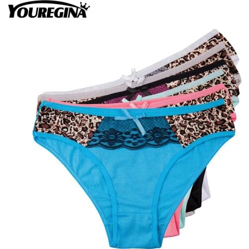 YOUREGINA Women Sexy Lace Briefs Leopard Underwear Panties Knickers Ladies Underpants 6pcs/lot Print Bowknot Comfortable M L XL