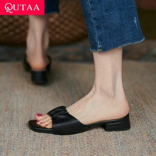 QUTAA 2021 Pleated Microfiber Slingback Female Shoes Square Heel Concise Women Slides Summer Open Toe Basic Sandals Size 34-43