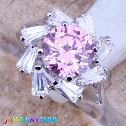 Majestic Flower Pink White CZ Silver Plated Ring Size 6 / 7 / 8 / 9 D560