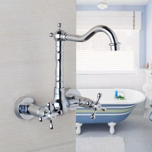 YANKSMART Bathroom Basin Sink Mixer Faucet 360 Swivel Antique Brass Bathroom Basin Sink Mix Tap Dual Handles Wall Mounted