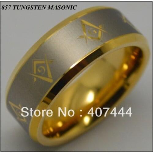 YGK Fashion Tungsten Ring 8mm Width Gold Color Bevel Style with Masonic Master LOGO for Man and Woman Party
