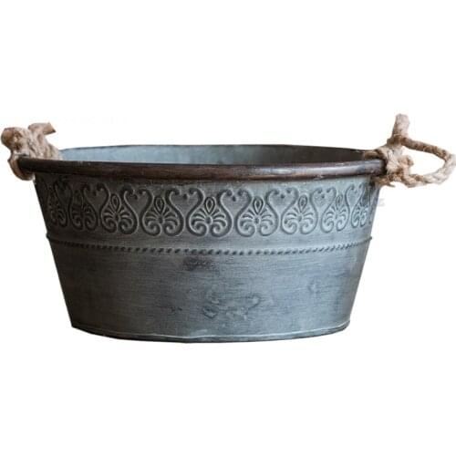 Iron Basin American Countryside Vintage Round Storage Basin with Hemp Rope Handle Sundry Storage Bucket Decorative Flowerpot