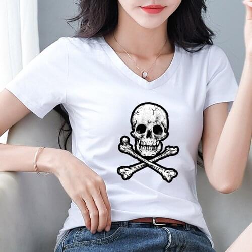 Punk Sexy T Shirt White Women Cotton V Neck Short Sleeve Tshirt Female 2020 Summer Gothic Ladies Tops Tee Shirt Streetwear