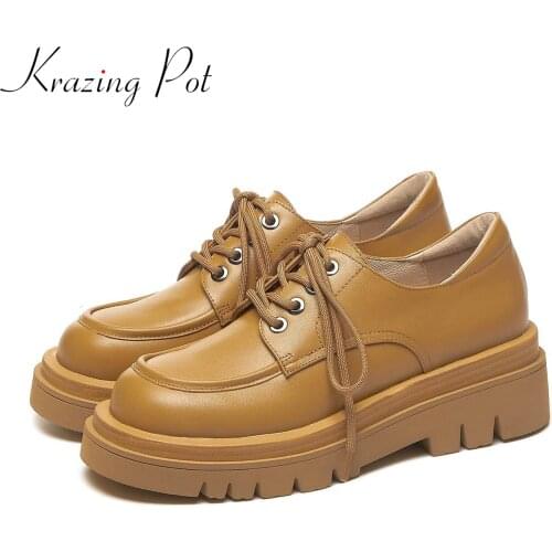 Krazing pot 2021 genuine leather round toe wedges thick bottom women lace up British school non-slip European designer pumps L12