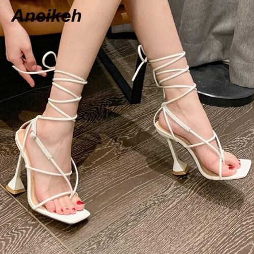 Aneikeh High Heel Sexy PU Cross-Tied Ladies Sandales Peep Toe Solid Fashion 2021 NEW Summer Crystal Gladiator Party Women Shoes
