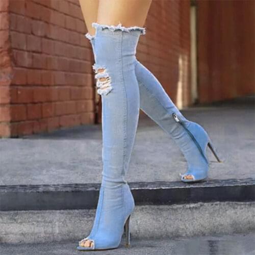 Womens Over The Knee Boots Woman Point Toe Long Boots Fashion Ladies Ripped Fabric High Heel Denim Shoes Female Thin Heels